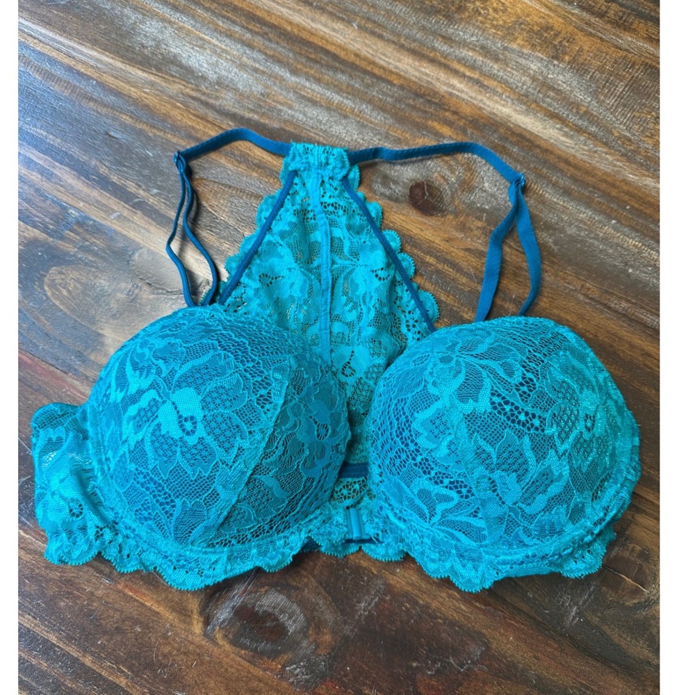 Victoria Secret PINK Date Racerback Bra Teal Blue‎ Floral Lace Front Clasp 34C